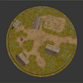 Ancient Circular Village Model With Wooden Fence Thatched Roof Huts And Central Open Area
