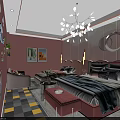 Home Decor Store Featuring Pink Walls Cloud Chandelier Light Blue Sofa And Checkered Floor