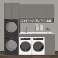 Front Load Stackable Washing Machines In Modern Laundry Room With Grey Cabinets And Sink Counter