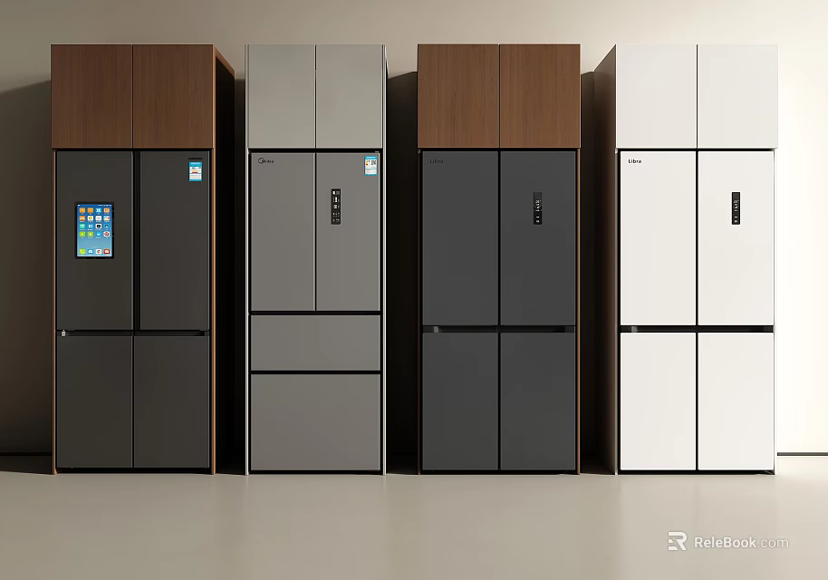 Four Modern Stylish Refrigerators With Wooden And Solid Color Panel Designs 3d model 