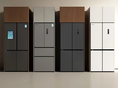 Four Modern Stylish Refrigerators With Wooden And Solid Color Panel Designs 3d model