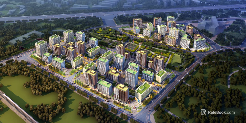 Aerial View Urban Planning with High Rise Buildings Green Spaces and Roads 3d model 