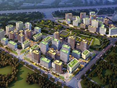 Aerial View Urban Planning with High Rise Buildings Green Spaces and Roads 3d model
