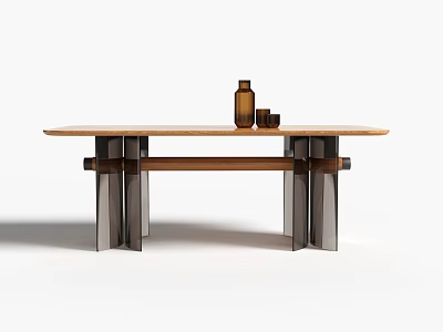 Modern Dining Table With Wooden Top And Metal Legs Featuring Brown Bottle And Small Cups 3d model