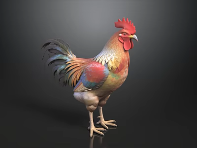 Colorful Rooster With Vibrant Feathers And Red Comb Standing On Black Background 3d model