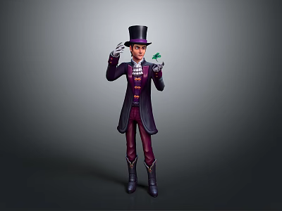 Top Hat Wearing Character In Purple Coat Holding Small Green Creature With White Gloves 3d model