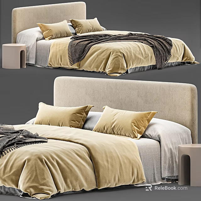 Modern Double Bed With Beige Velvet Duvet Pillows Upholstered Headboard And Nightstand 3d model 