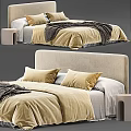Modern Double Bed With Beige Velvet Duvet Pillows Upholstered Headboard And Nightstand