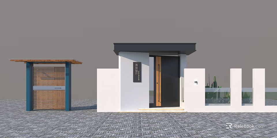 Modern Entrance Gate With White Walls Black Roof And Wooden Door Structure 3d model 