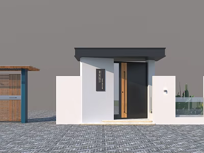 Modern Entrance Gate With White Walls Black Roof And Wooden Door Structure 3d model