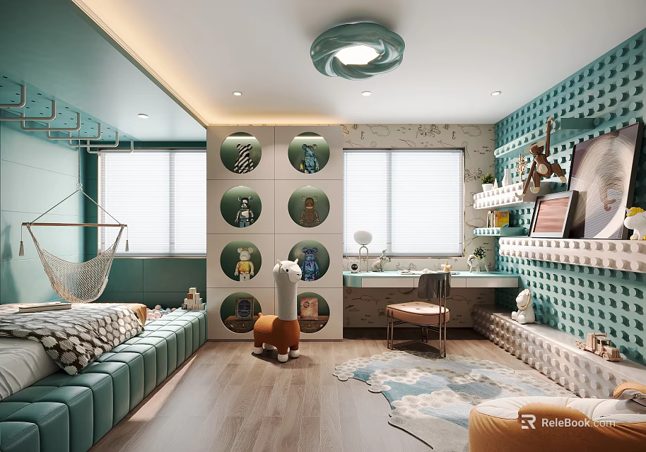 Vibrant Kids Room Interior With Teal Walls Hammock Desk Toys And Cozy Rug 3d model 