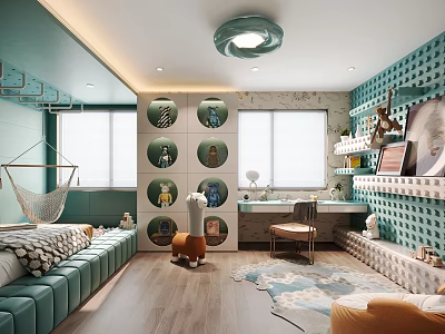 Vibrant Kids Room Interior With Teal Walls Hammock Desk Toys And Cozy Rug 3d model