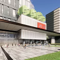 Modern Office Building With Greenery Top JD Logo OM Sign Glass Wall Lawn And Pedestrians