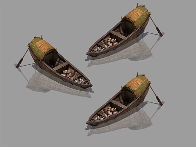 Three Traditional Wooden Boats With Yellow Canopies Oars Reflections And Interior Items 3d model