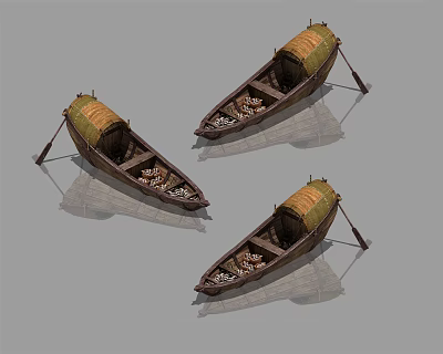 Three Traditional Wooden Boats With Yellow Canopies Oars Reflections And Interior Items 3d model