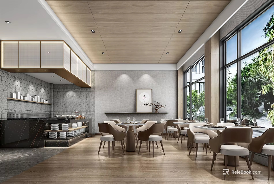 Modern Restaurant Interior With Wooden Ceiling Large Windows Dining Tables And Chairs 3d model