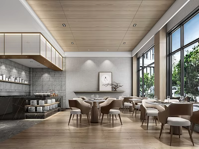 Modern Restaurant Interior With Wooden Ceiling Large Windows Dining Tables And Chairs 3d model