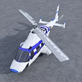 White and Blue Striped Helicopter with Extended Rotor on Gray Ground and Cloudy Sky