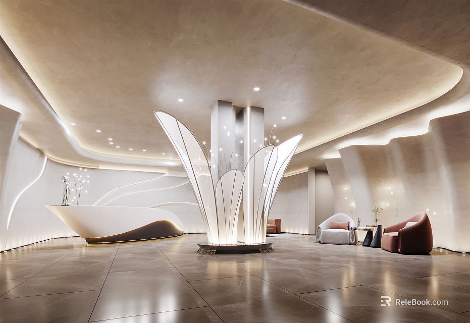 Elegant Modern Front Desk Reception Lobby With Sculptural Column Soft Lighting And Comfortable Seating 3d model 