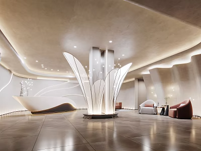 Elegant Modern Front Desk Reception Lobby With Sculptural Column Soft Lighting And Comfortable Seating 3d model