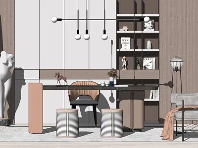 Modern Home Office Desk Setup With Chair Bookshelf And Decorative Pendant Lights 3d model