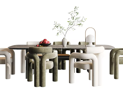 Modern Dining Table Set with Chairs Fruits Vase Plant and Lamp 3d model