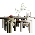 Modern Dining Table Set with Chairs Fruits Vase Plant and Lamp