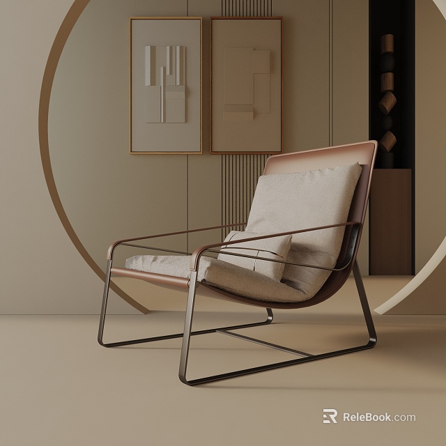 Modern Minimalist Leisure Chair With Metal Frame And Beige Fabric Cushion In Living Room 3d model 