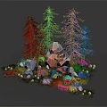 Lush Natural Forest Campsite With Tall Pine Trees Rocks And Burning Campfire