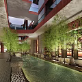Traditional Chinese Commercial Street With Stone Pavement Red Plaques Green Plants And Water Pool