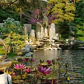 Traditional Garden Landscape Design With Pavilion Lush Green Plants Lawn And Stone Pathway