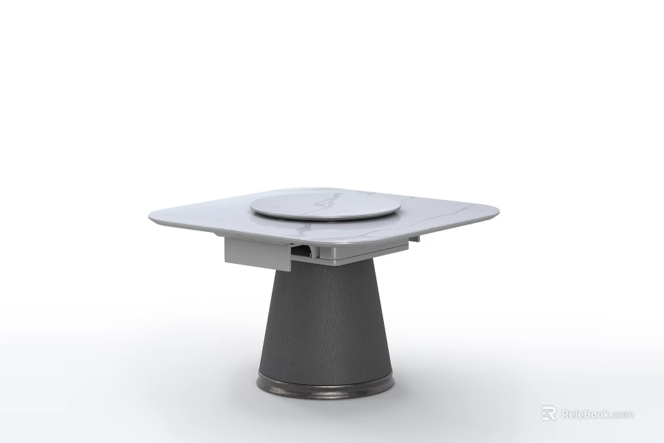 Modern Dining Table With Square Top Round Center Section And Textured Conical Base 3d model 