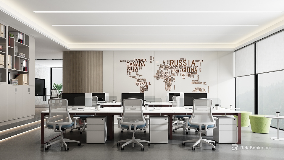 Modern Public Office Space With World Map Wall Art Computer Monitors And Ergonomic Chairs 3d model 