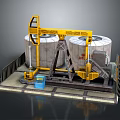 Industrial Oilfield Equipment Setup With Yellow Pump Jacks Large Storage Tanks And Blue Control Panel