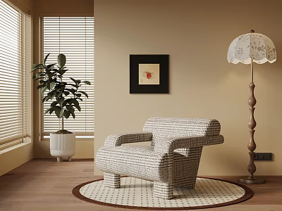 Comfortable Accent Chair in Beige Room with Window Blinds Potted Plant and Floor Lamp 3d model