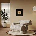 Comfortable Accent Chair in Beige Room with Window Blinds Potted Plant and Floor Lamp