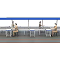 Industrial Equipment Production Line With Blue Canopies Workbenches And Workers Operating