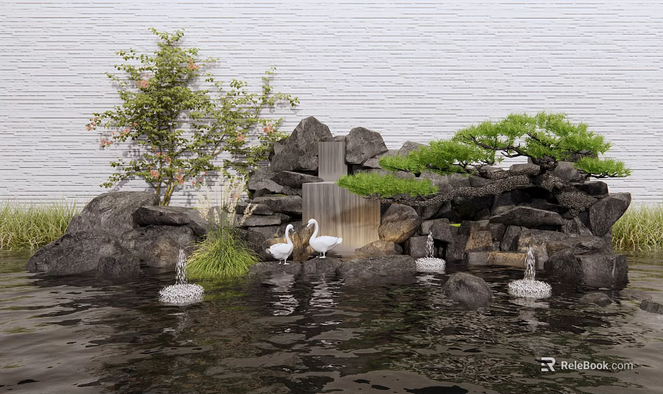 Garden Ornamental Rockery With Flowing Water White Swans Pine Trees And Green Plants 3d model 