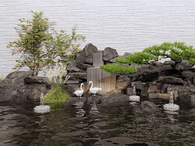 Garden Ornamental Rockery With Flowing Water White Swans Pine Trees And Green Plants 3d model