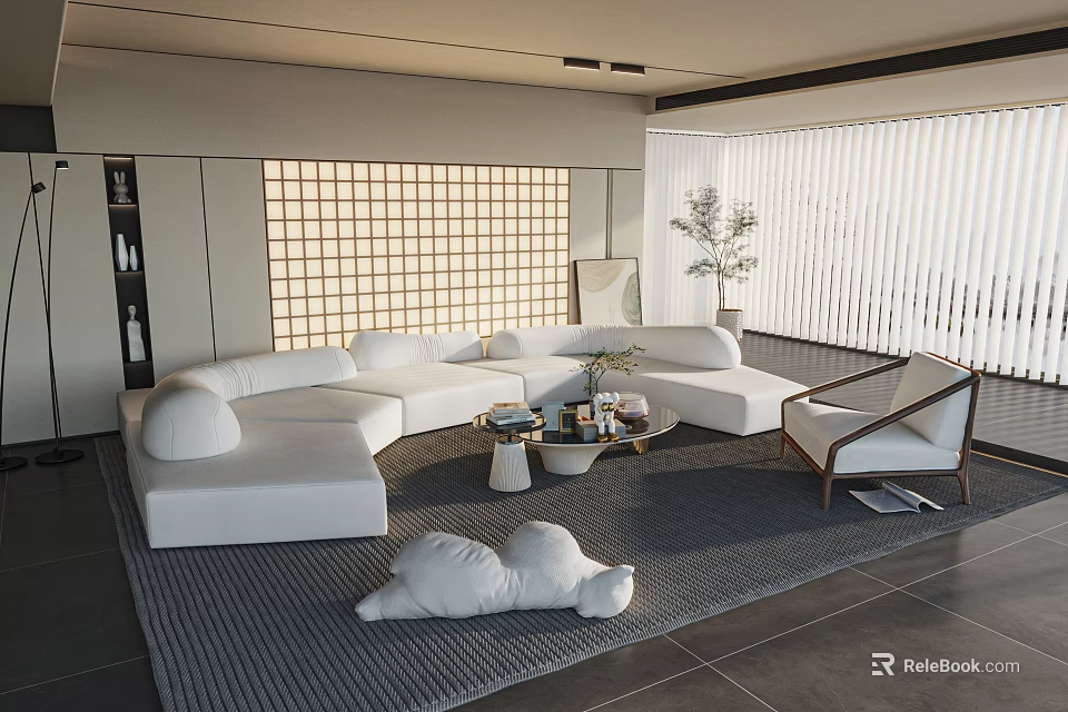 Modern Living Room Interior With White L shaped Sofa Wooden Chair And Grid Pattern Backdrop 3d model 