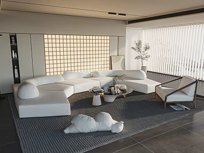 Modern Living Room Interior With White L shaped Sofa Wooden Chair And Grid Pattern Backdrop 3d model