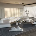 Modern Living Room Interior With White L shaped Sofa Wooden Chair And Grid Pattern Backdrop