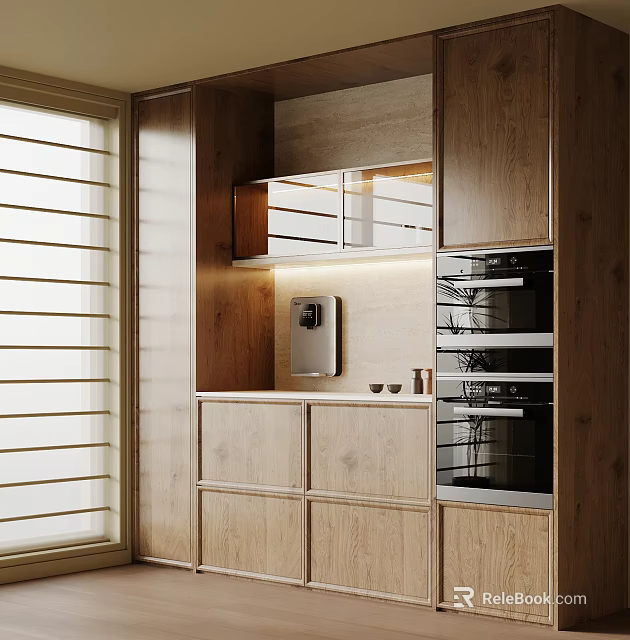 Modern Wooden Sideboard With Built in Lighting Appliances And Window Blinds 3d model 