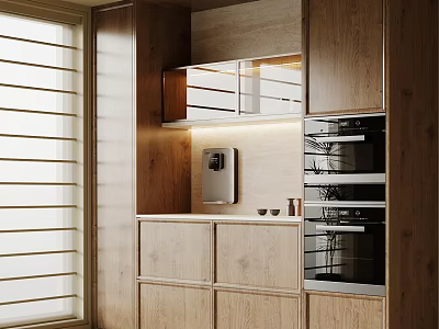 Modern Wooden Sideboard With Built in Lighting Appliances And Window Blinds 3d model