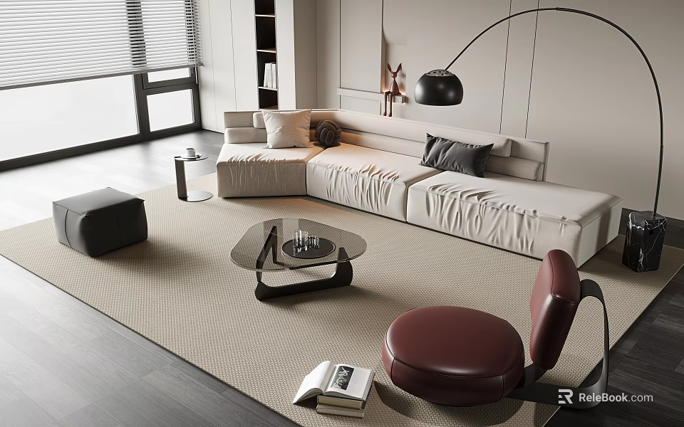 Modern White Sofa and Coffee Table Set with Maroon Chair and Rug in Bright Room 3d model 