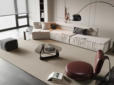 Modern White Sofa and Coffee Table Set with Maroon Chair and Rug in Bright Room 3d model