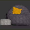 Gray Bean Bag Chair with Yellow Pillow and White Small Round Stool in Living Room
