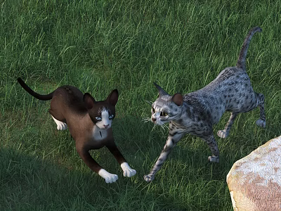 Two Cats Playing On Green Grass With Spotted And Brown Fur 3d model