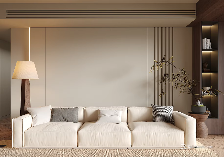 Modern Beige Sofa and Coffee Table Set with Throw Pillows Floor Lamp and Potted Plant 3d model 