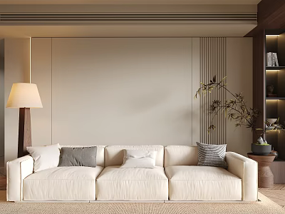 Modern Beige Sofa and Coffee Table Set with Throw Pillows Floor Lamp and Potted Plant 3d model